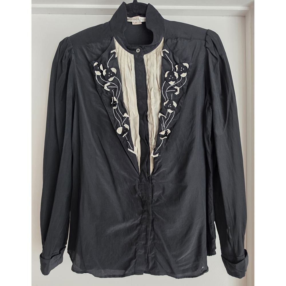 Vintage 80s Mercedes & Adrienne Black Silk Tuxedo Blouse-Floral Appliqué-Size 4